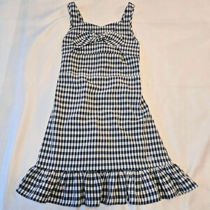 Girl's Size 12 GUESS Black White Gingham Strap Ruffle Hem Bow Smocked Dress